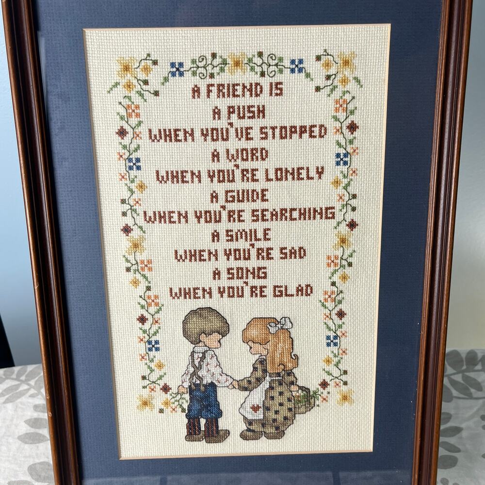 Framed Hand Cross Stitch Friendship Sampler Folk Art Cottage Decor Wall Hanging - Picture 2 of 9